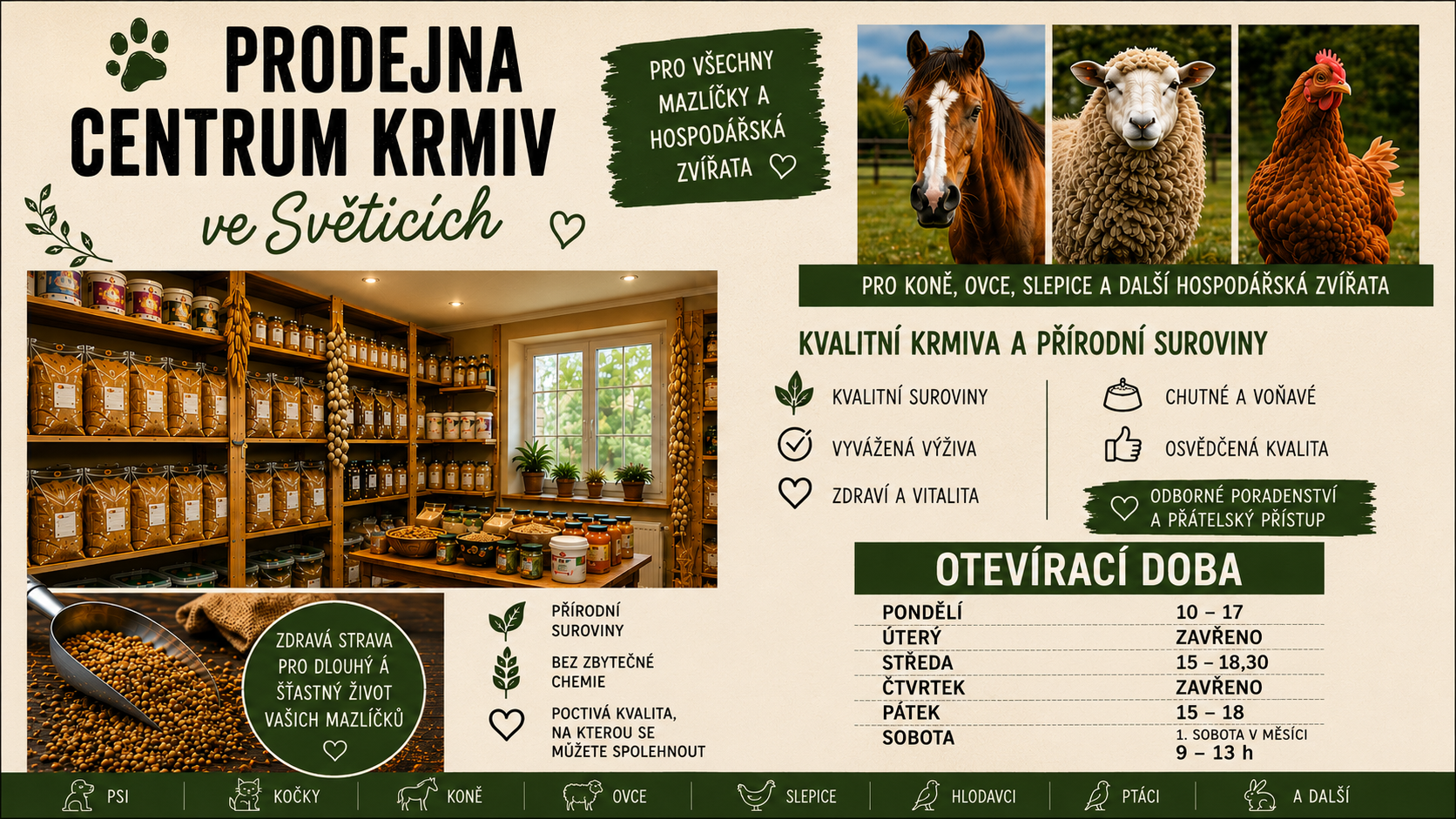 prodejna krmiv pro drubez, koně a králíky